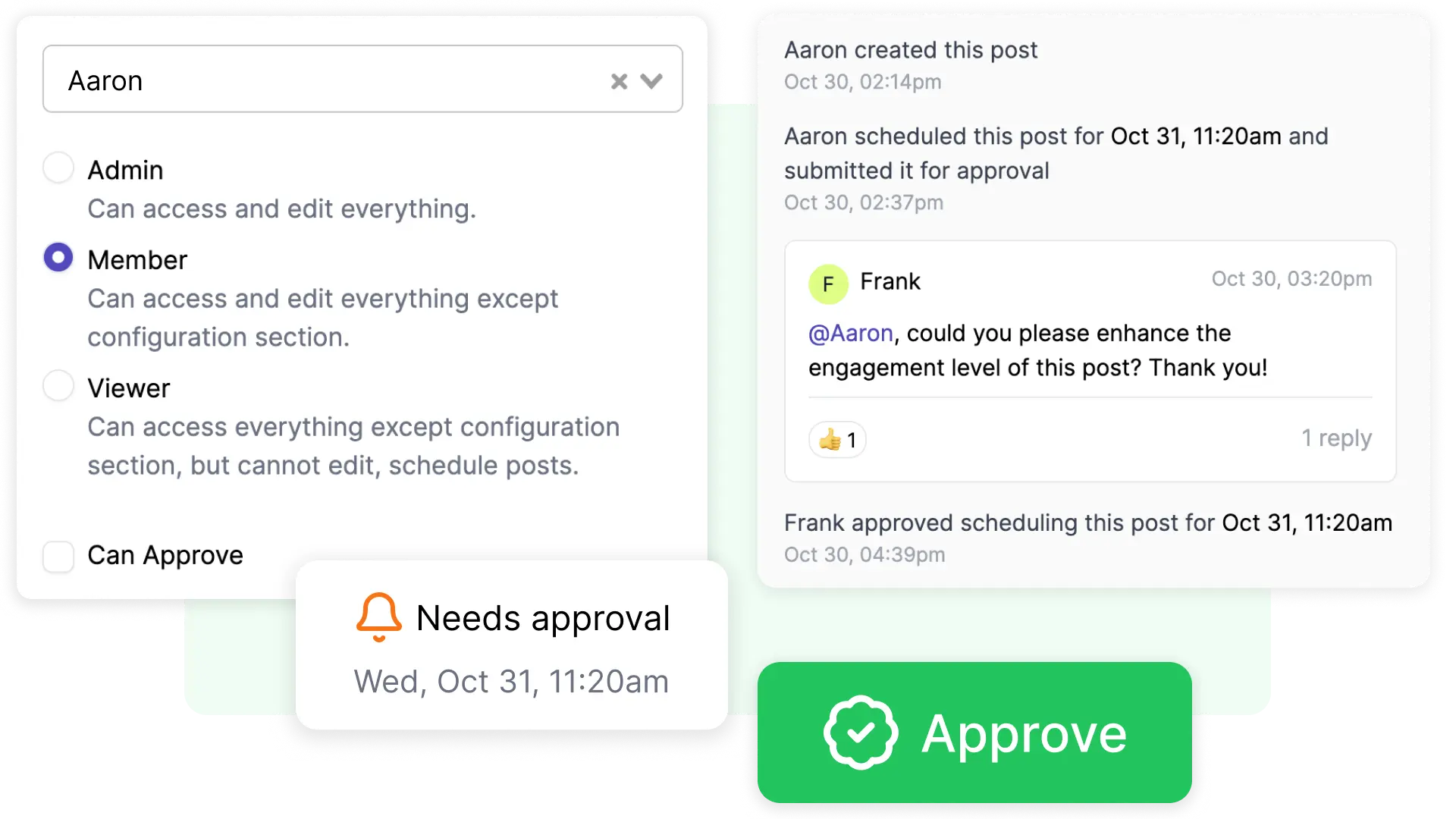 Interface showing user roles and an approval flow for a scheduled post.
