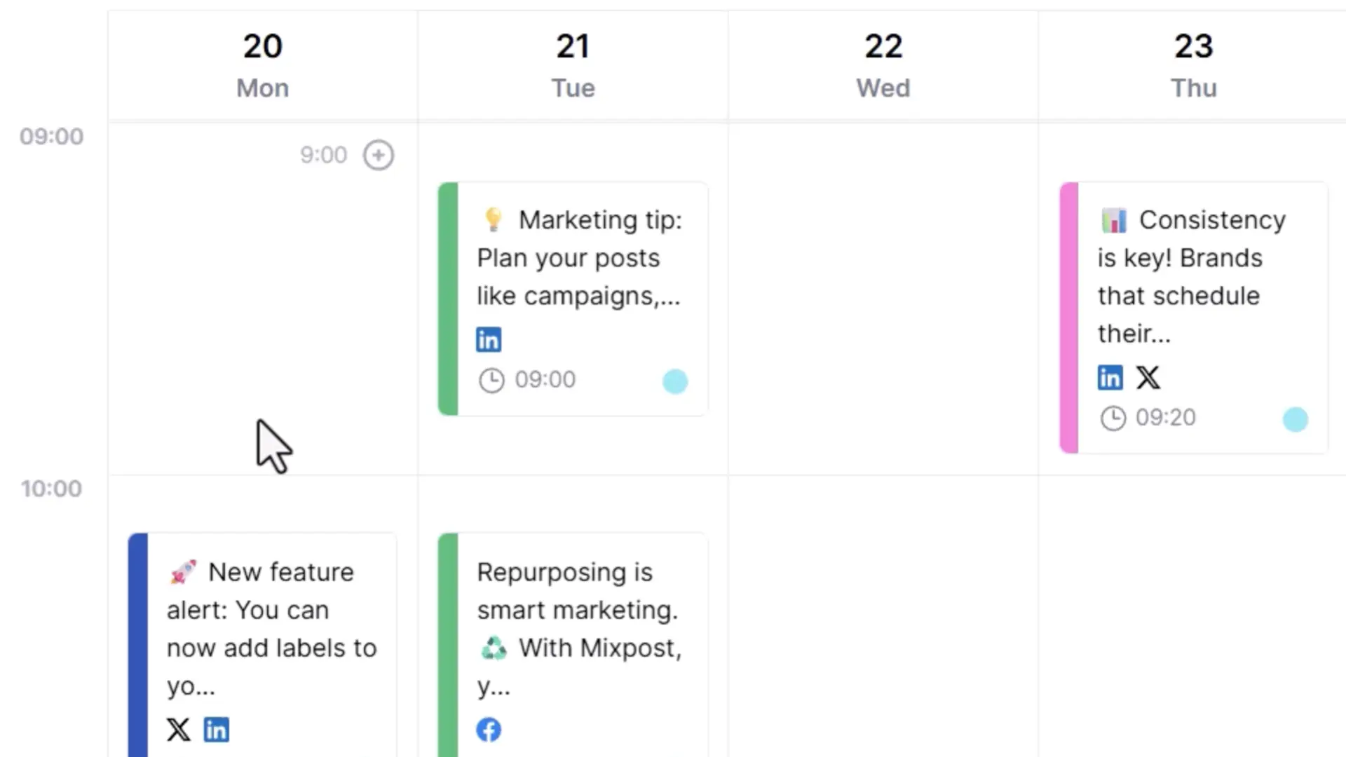Weekly calendar interface showing scheduled social media posts