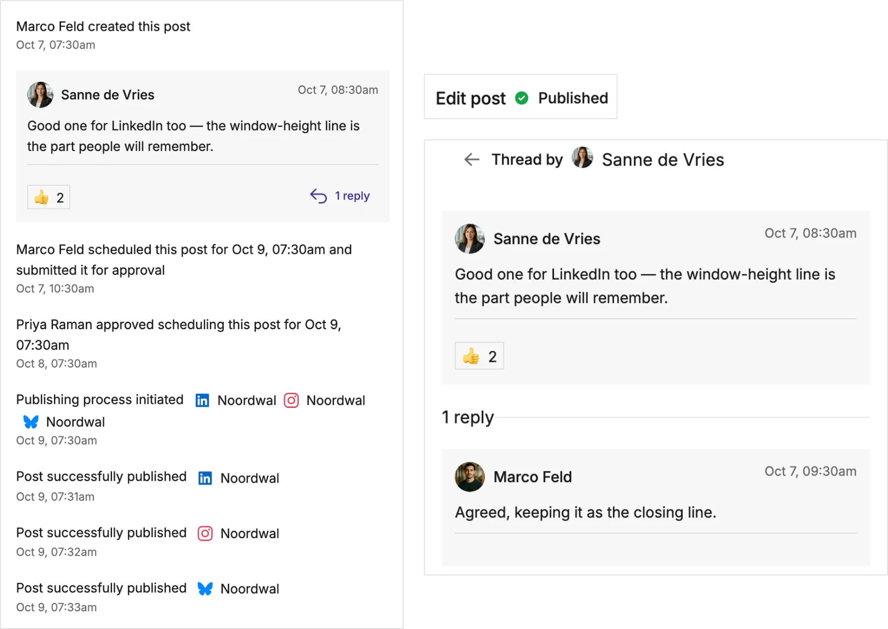 Mixpost post activity timeline: created by Marco, a review comment from Sanne with a reply, submitted for approval, approved by Priya, then publishing started and the post published on LinkedIn, Instagram and Bluesky, each step with its time.