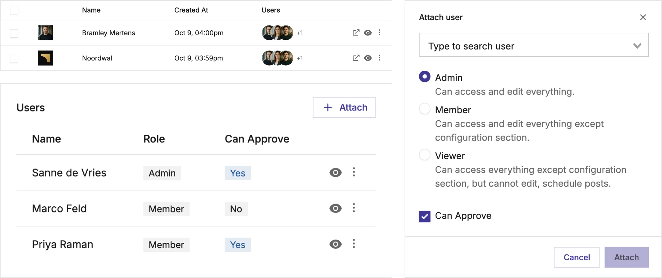 Mixpost Admin Console: every client or brand as its own workspace, one workspace's team with their role and approval right, and the Attach user dialog with Admin, Member and Viewer roles.