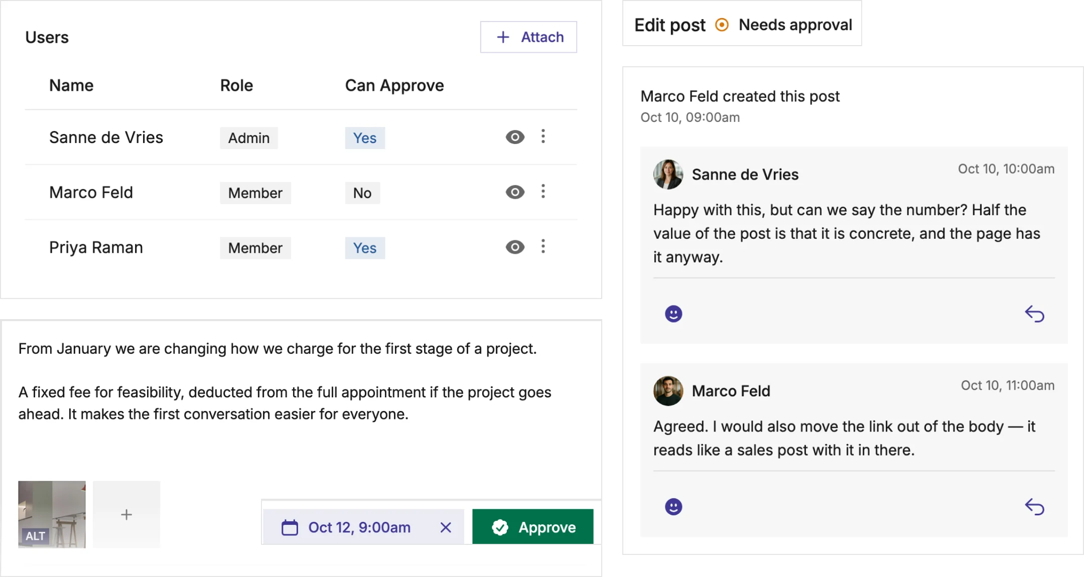 Mixpost approval workflow: workspace users with their role and whether they can approve, a post marked Needs approval with its Approve button, and the team's review comments in the post's activity.