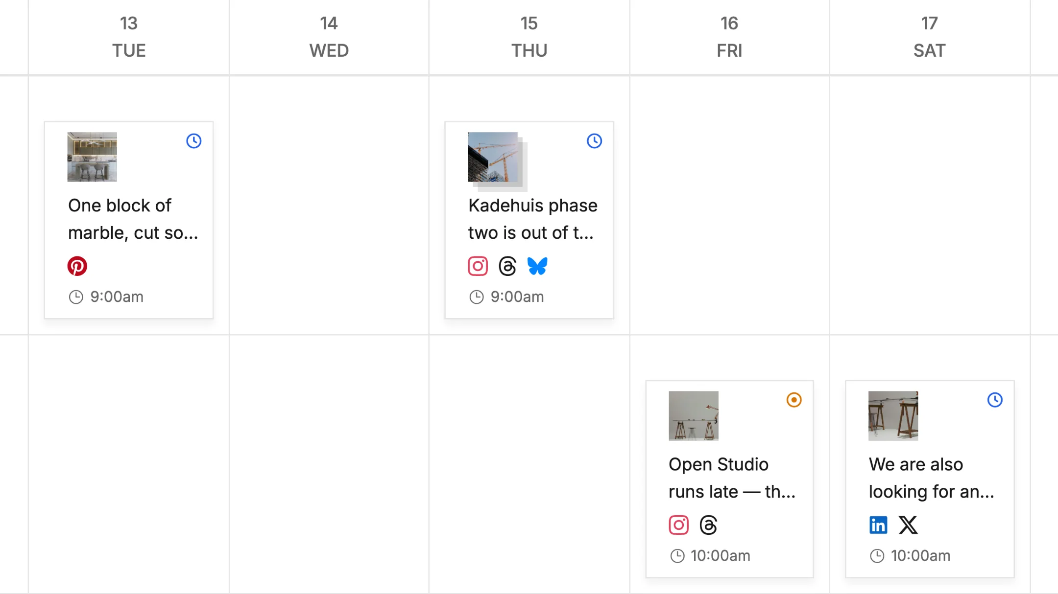 Mixpost weekly content calendar, Tuesday to Saturday: posts scheduled at 9 and 10 am on Pinterest, Instagram, Threads, Bluesky, LinkedIn and X, one waiting for approval, and a free Wednesday.