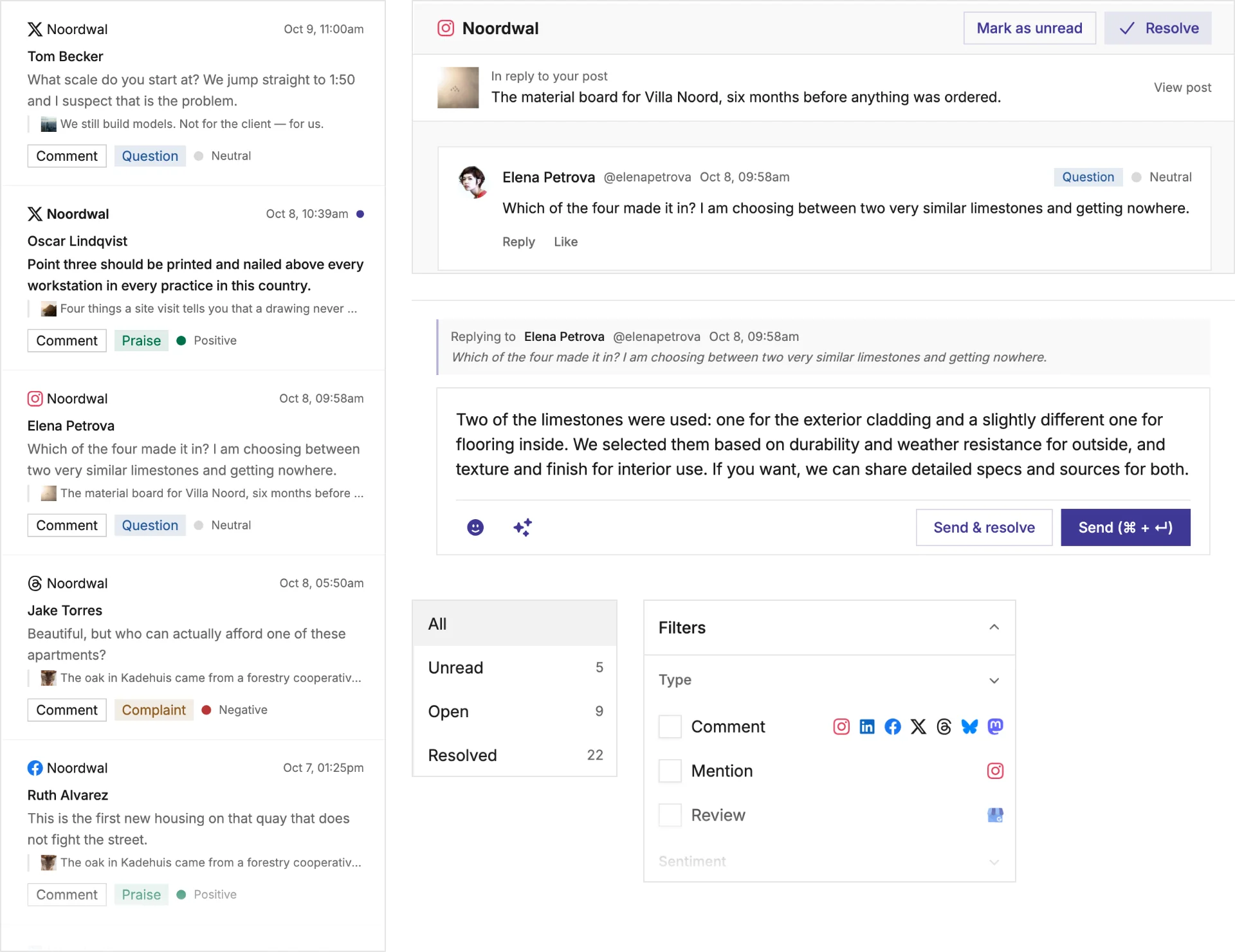 Mixpost engagement inbox: comments from X, Instagram, Threads and Facebook in one list labelled by intent and sentiment, an open Instagram comment with Reply and Like, a reply drafted with AI, and filters by status, type and network.