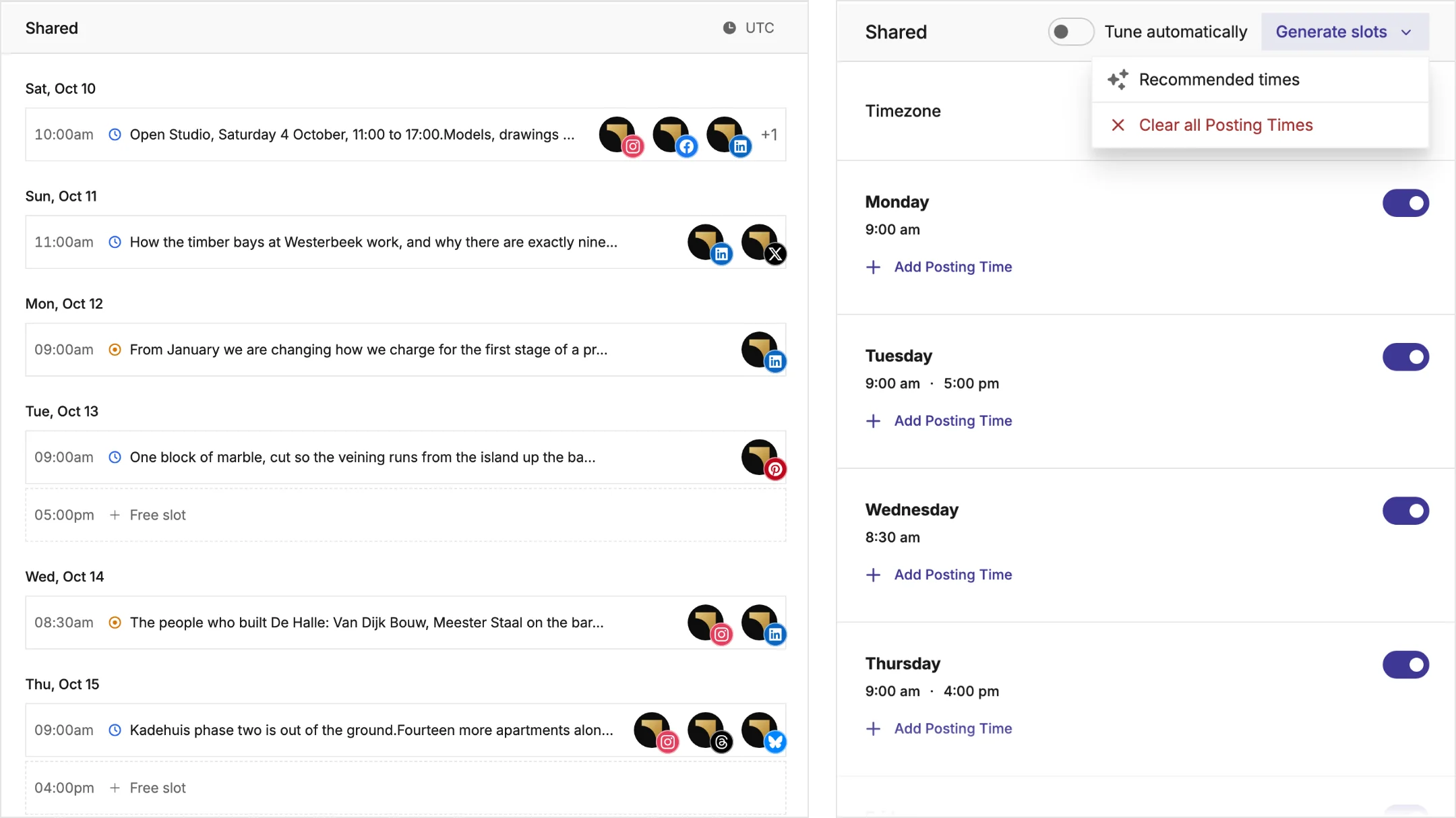 Mixpost queue: posts seated day by day in the posting schedule's time slots with free slots left open, next to the posting schedule with times per day, Tune automatically and recommended times.