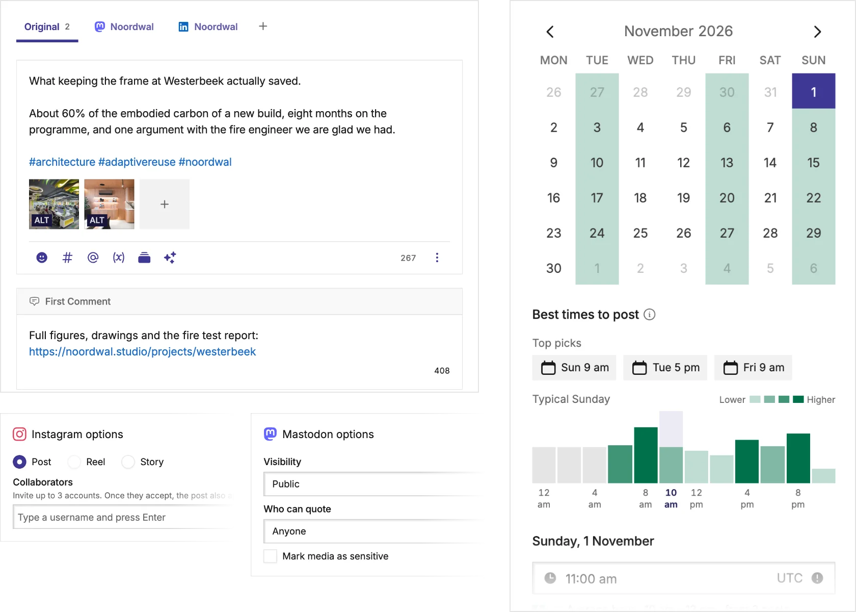 Mixpost post editor with a first comment under the post, Instagram and Mastodon options side by side, and the schedule picker marking the best days and the best hours to post