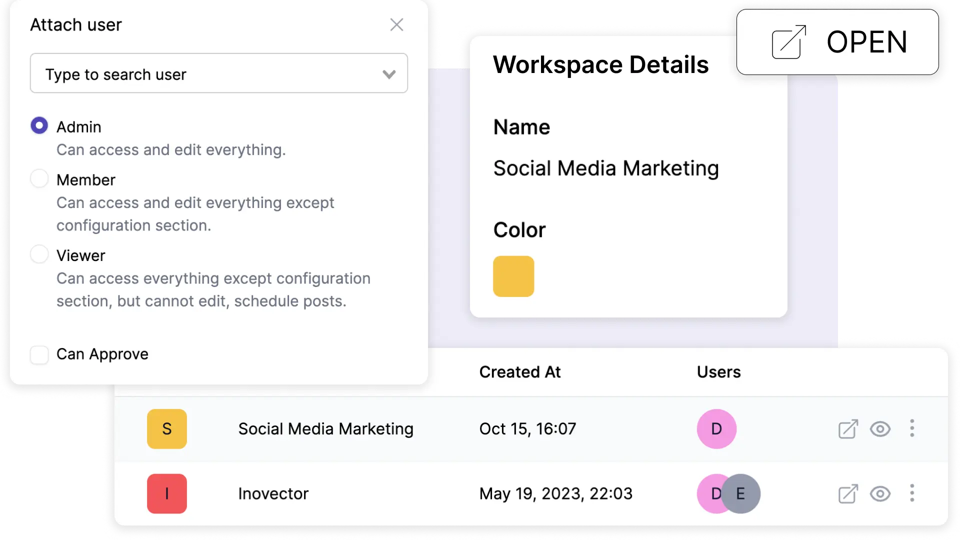User role selection and workspace details interface.