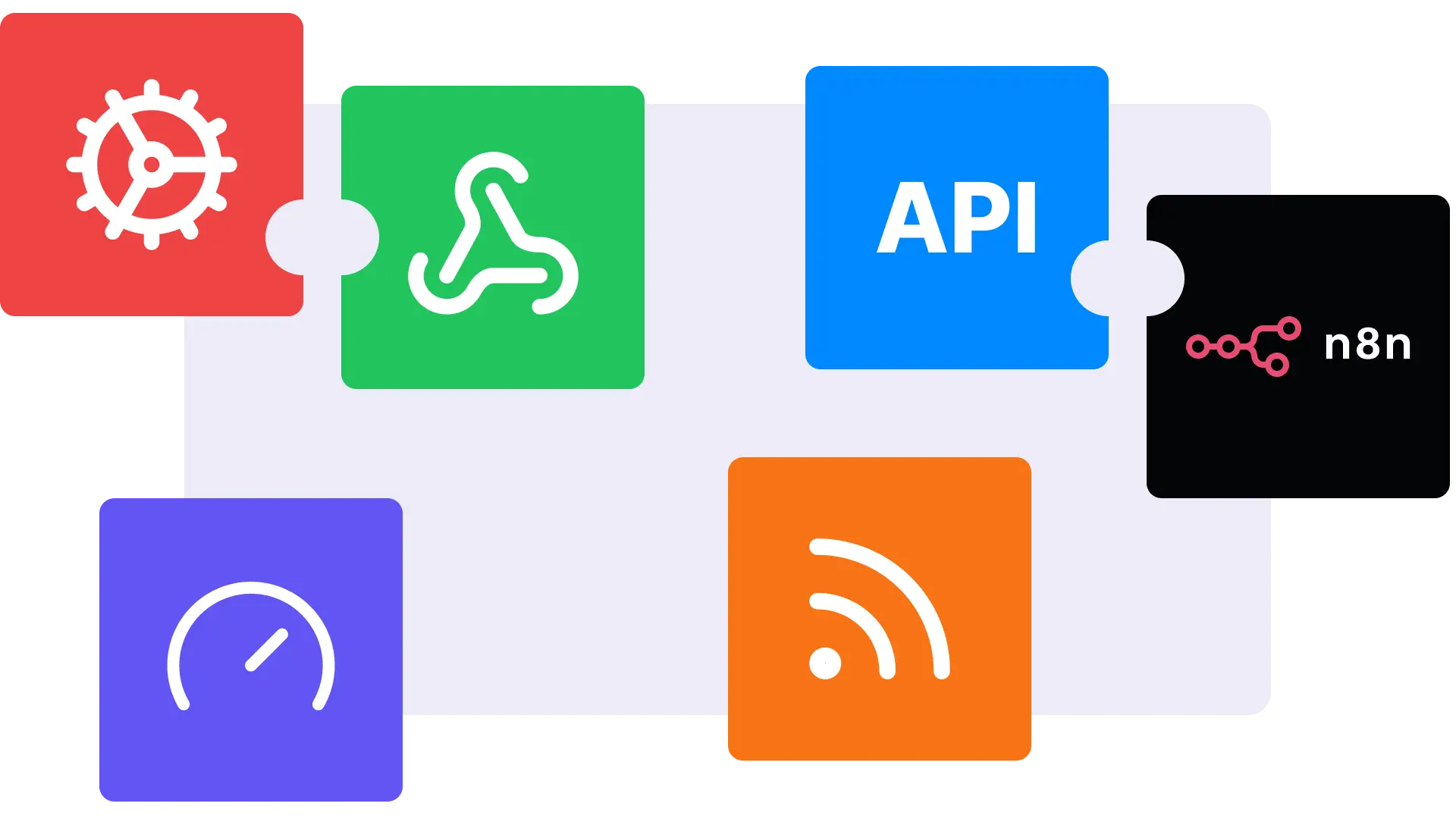 Colorful integration icons arranged as puzzle pieces, representing automation, webhooks, API, n8n, analytics, and RSS.