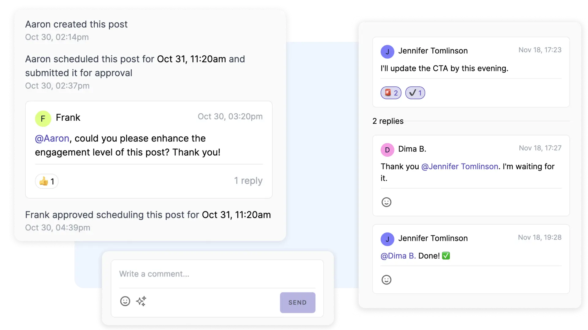 Comment and approval thread interface showing messages and replies.