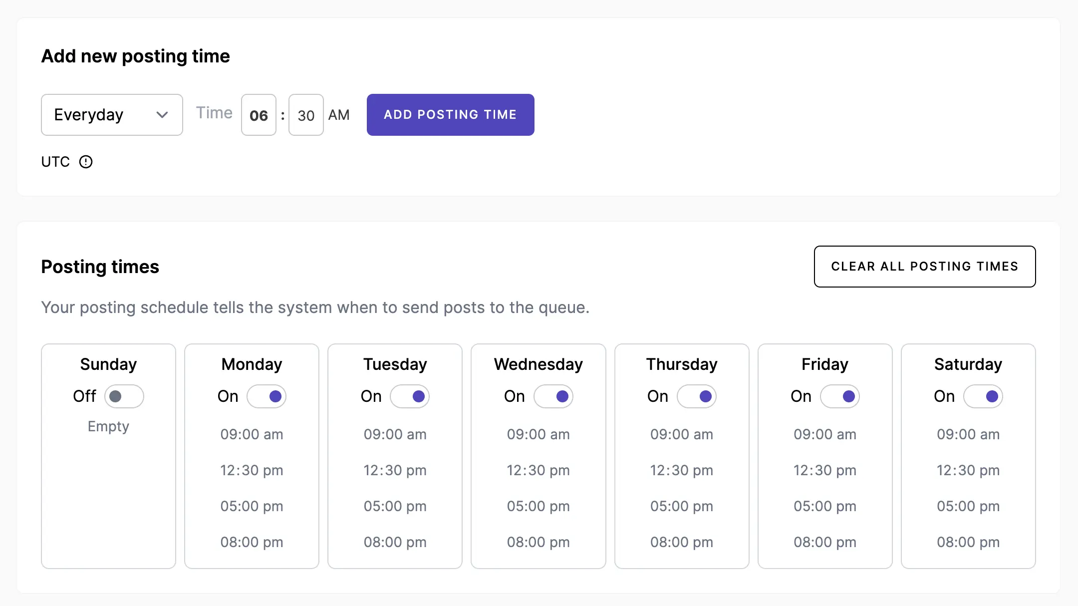 Social media posting schedule interface displaying daily posting times.