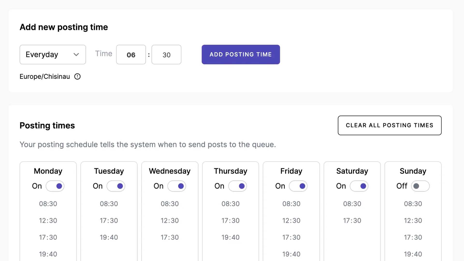 Social media posting schedule interface displaying daily posting times