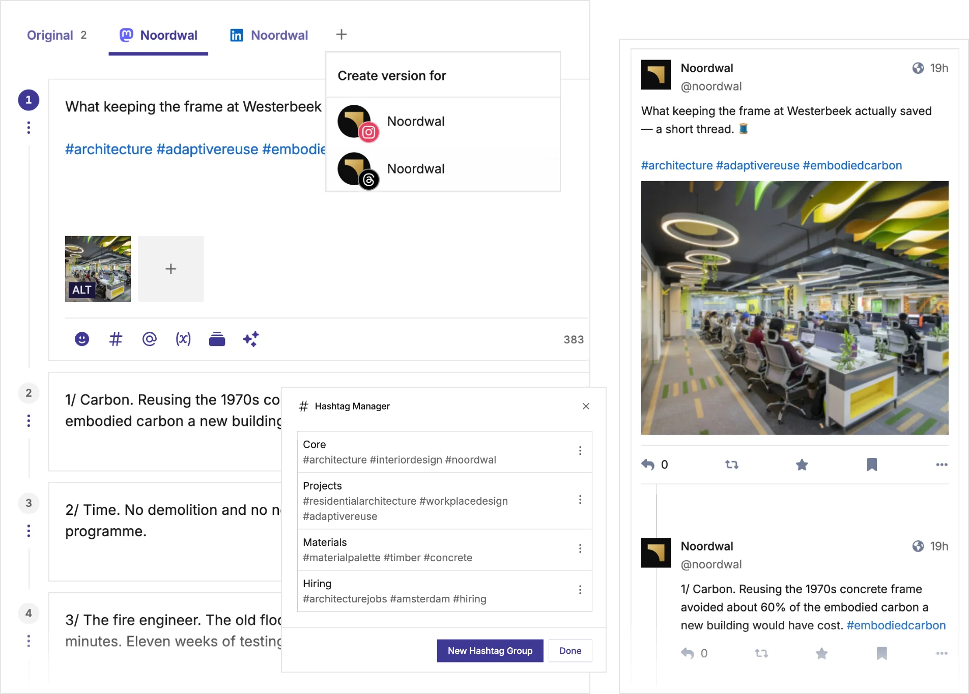 Mixpost open source social media scheduler dashboard showing one-click publishing to multiple platforms with post customization, preview, versioning, and hashtag management features
