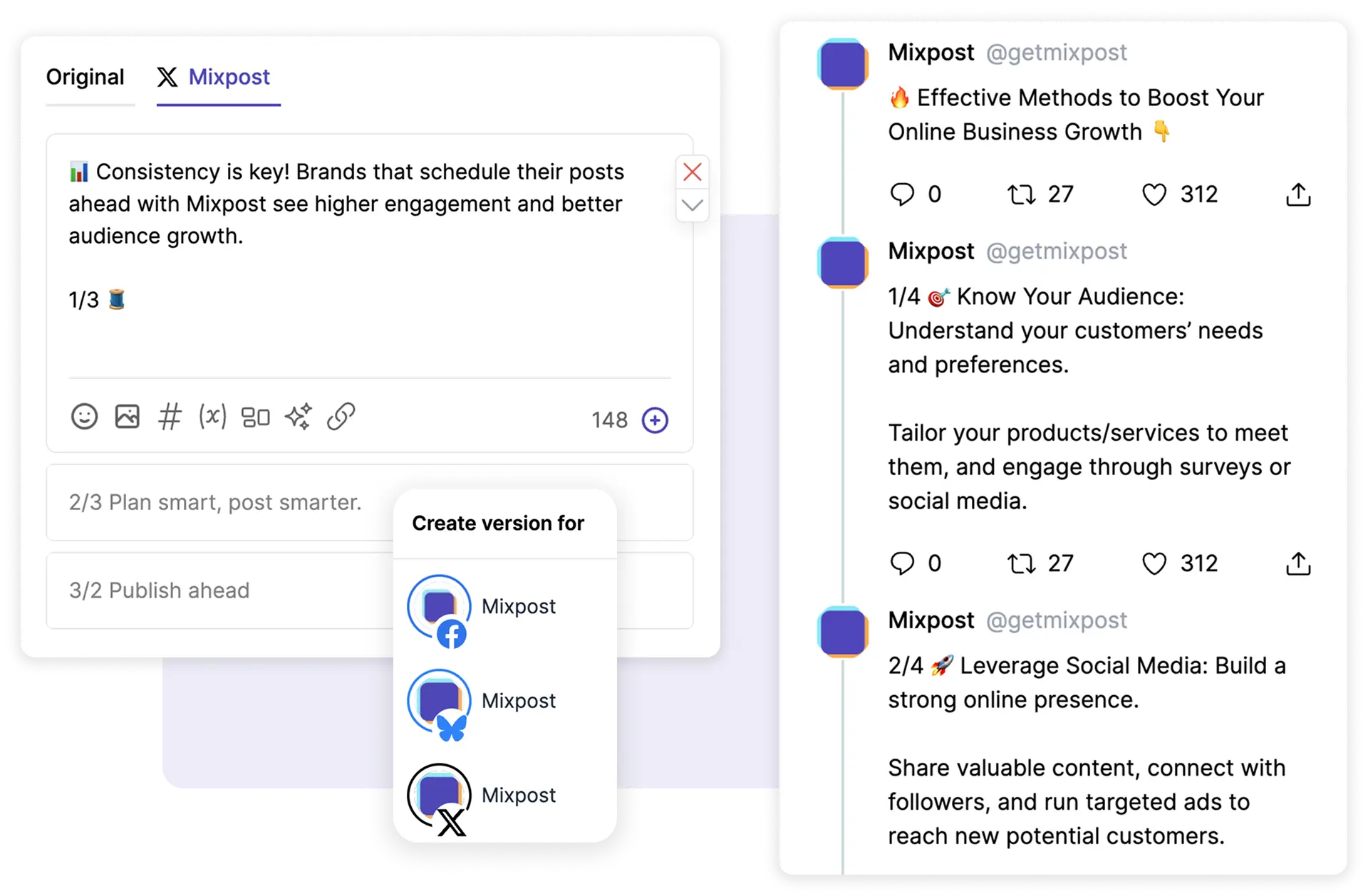 Mixpost open source social media scheduler dashboard showing one-click publishing to multiple platforms with post customization, preview, versioning, and hashtag management features