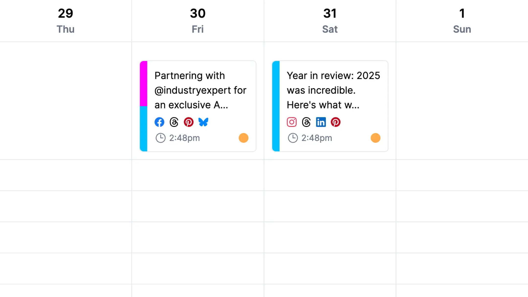 Weekly calendar interface showing scheduled social media posts