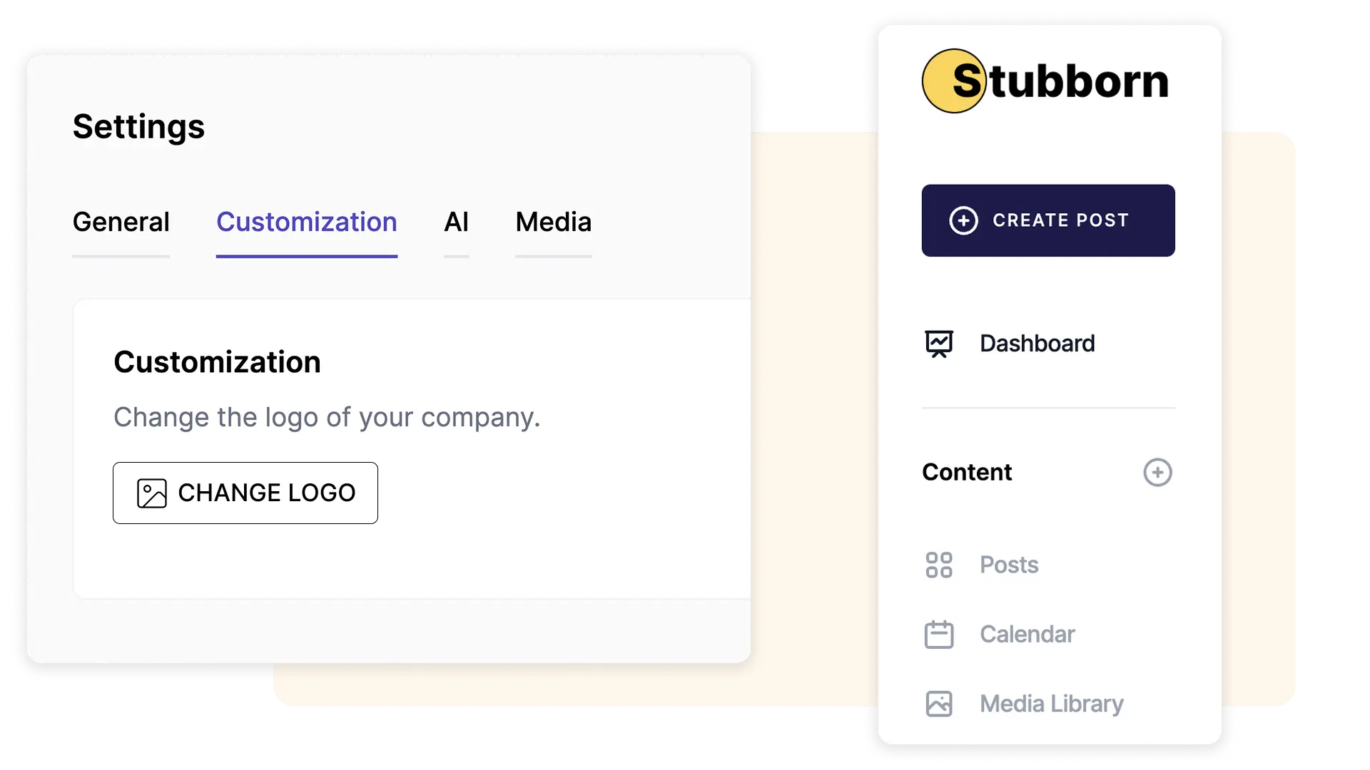 Settings interface with customization options and a sidebar showing the workspace logo and menu.