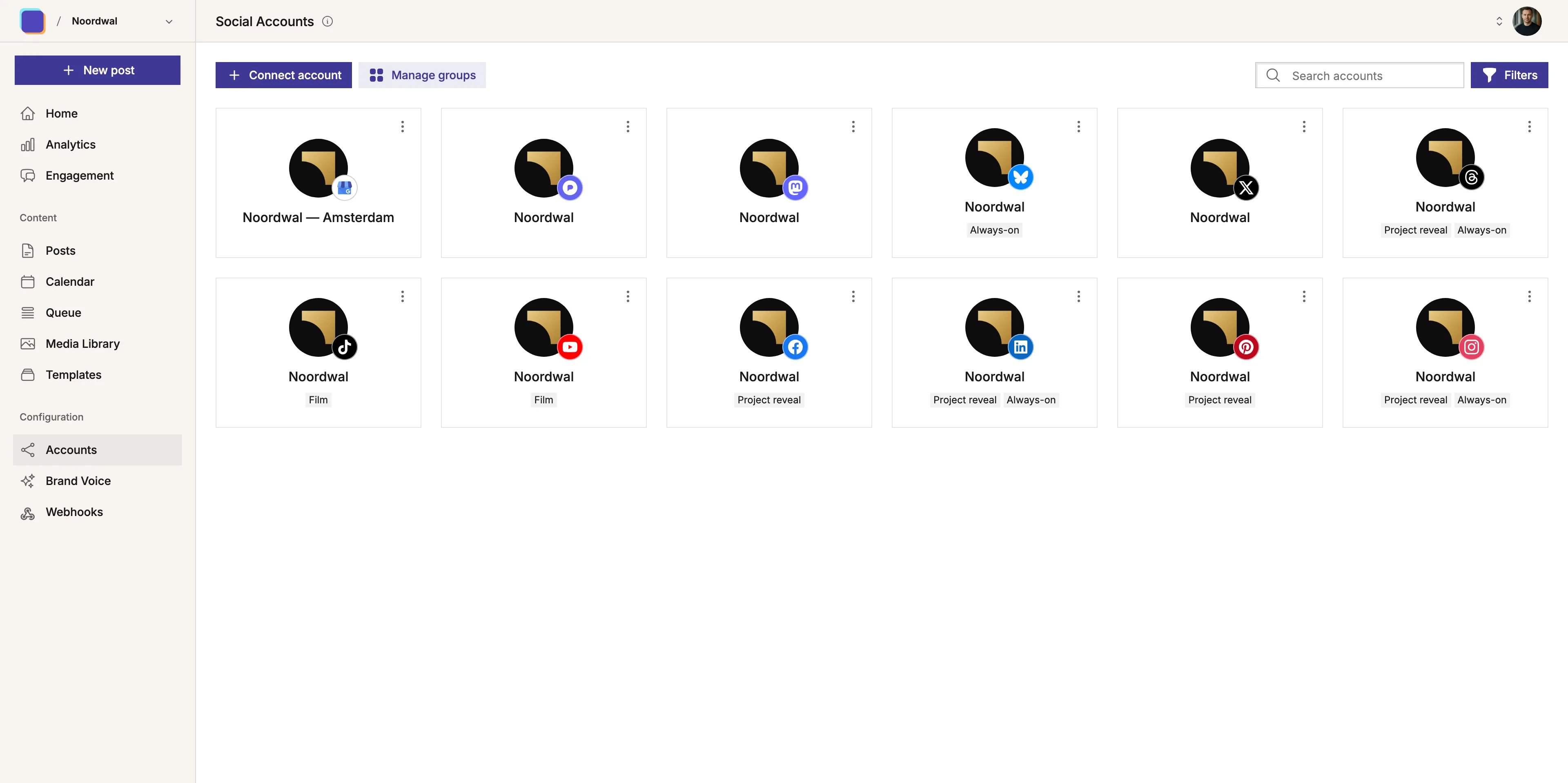 Screenshot of the 'Connect Accounts' feature in Mixpost, the self-hosted, open-source social media management tool, showing the interface for linking various social media platforms.