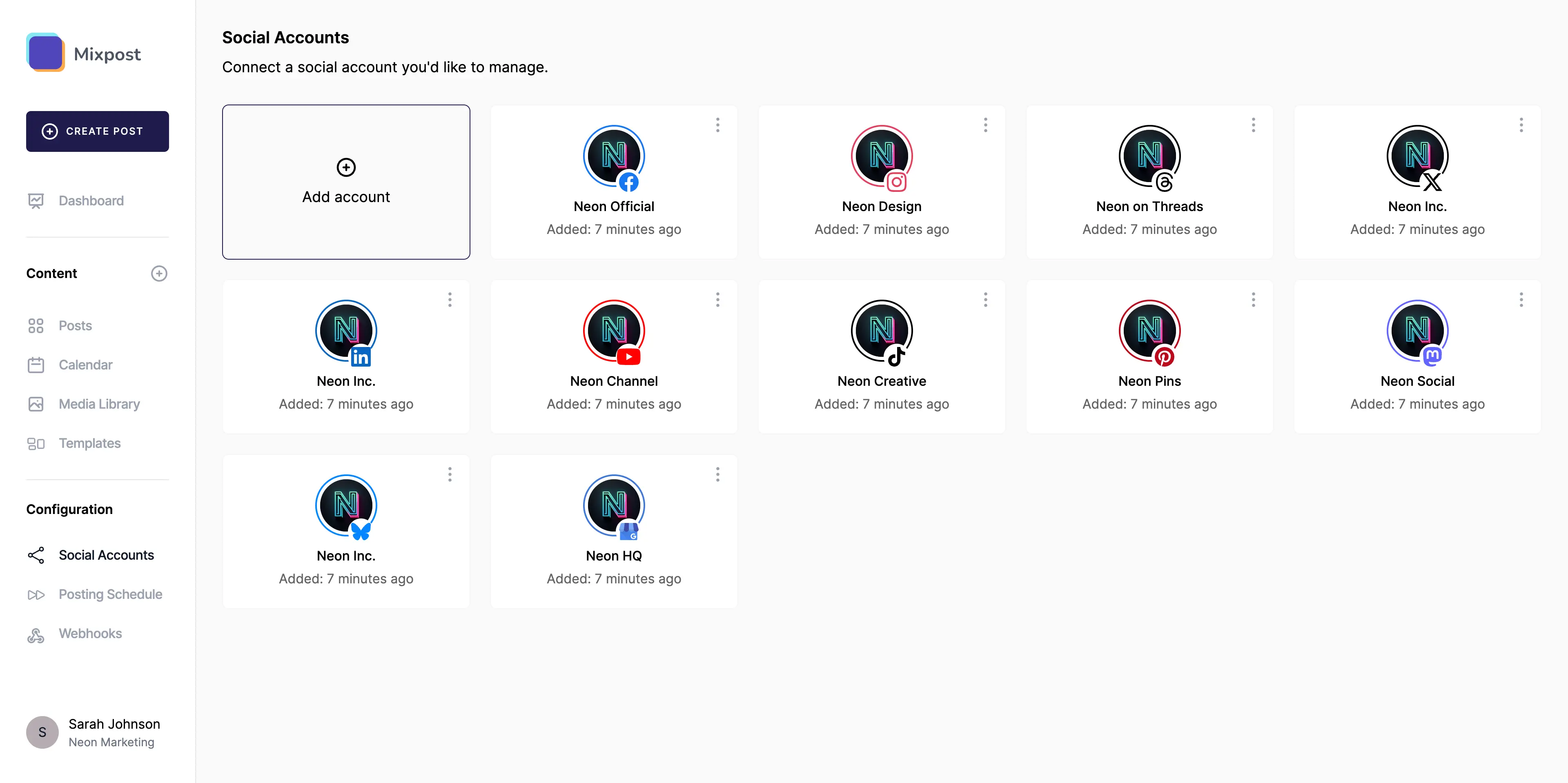 Screenshot of the 'Connect Accounts' feature in Mixpost, the self-hosted, open-source social media management tool, showing the interface for linking various social media platforms.