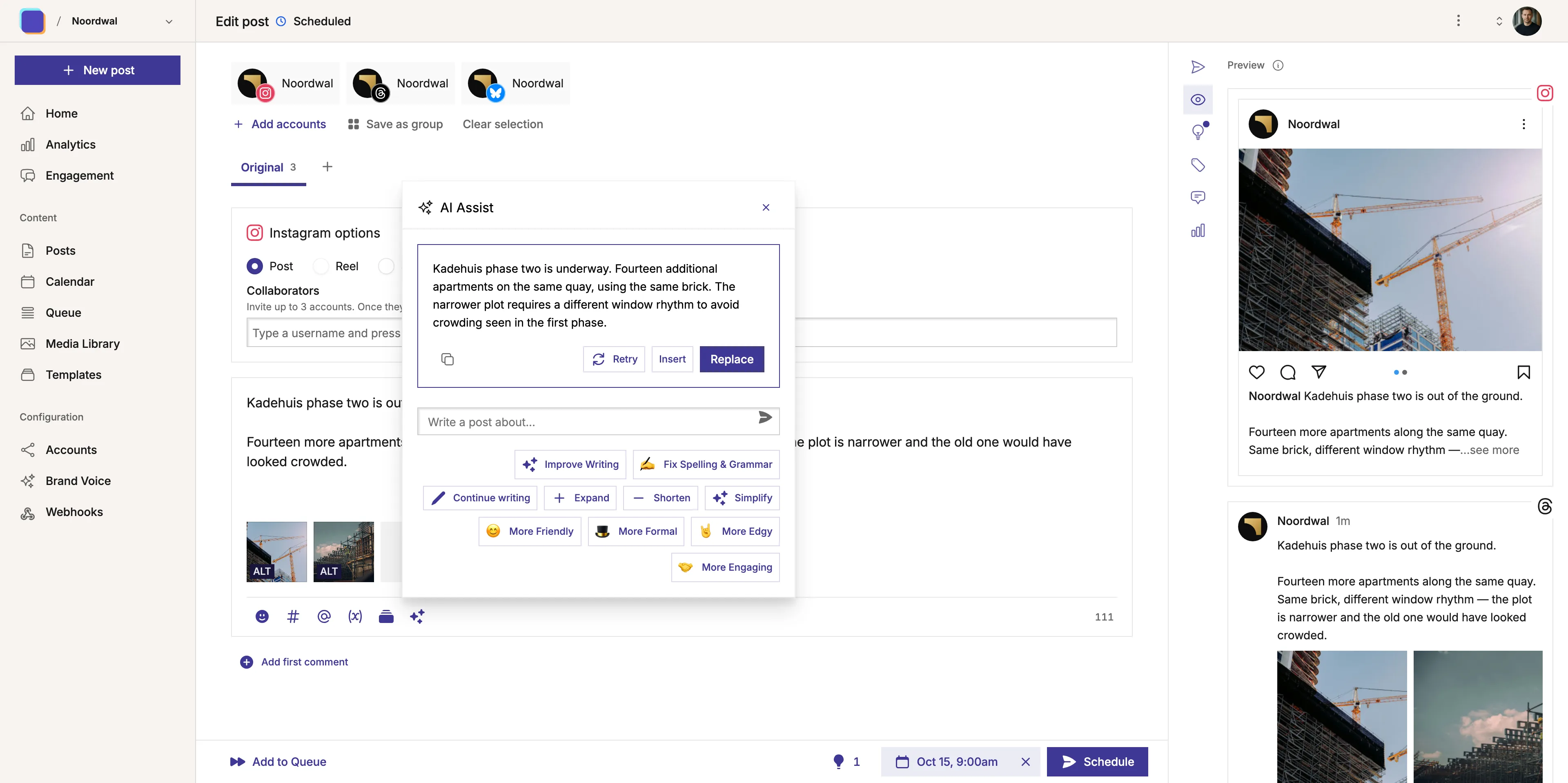 Interface of the 'AI Compose Post' feature within Mixpost, a self-hosted social media platform, showcasing AI-powered tools for drafting and enhancing social media content.