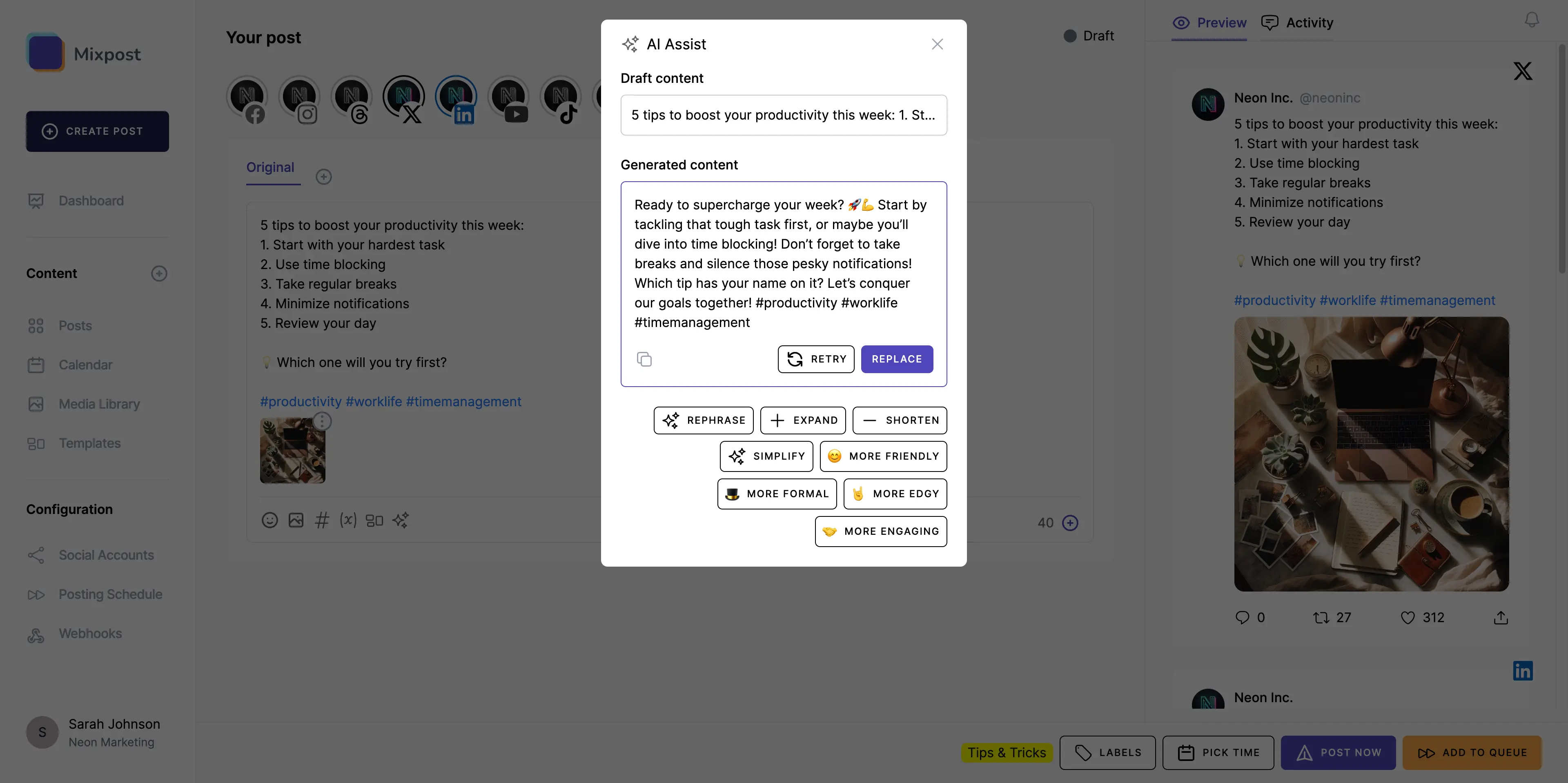 Interface of the 'AI Compose Post' feature within Mixpost, a self-hosted social media platform, showcasing AI-powered tools for drafting and enhancing social media content.