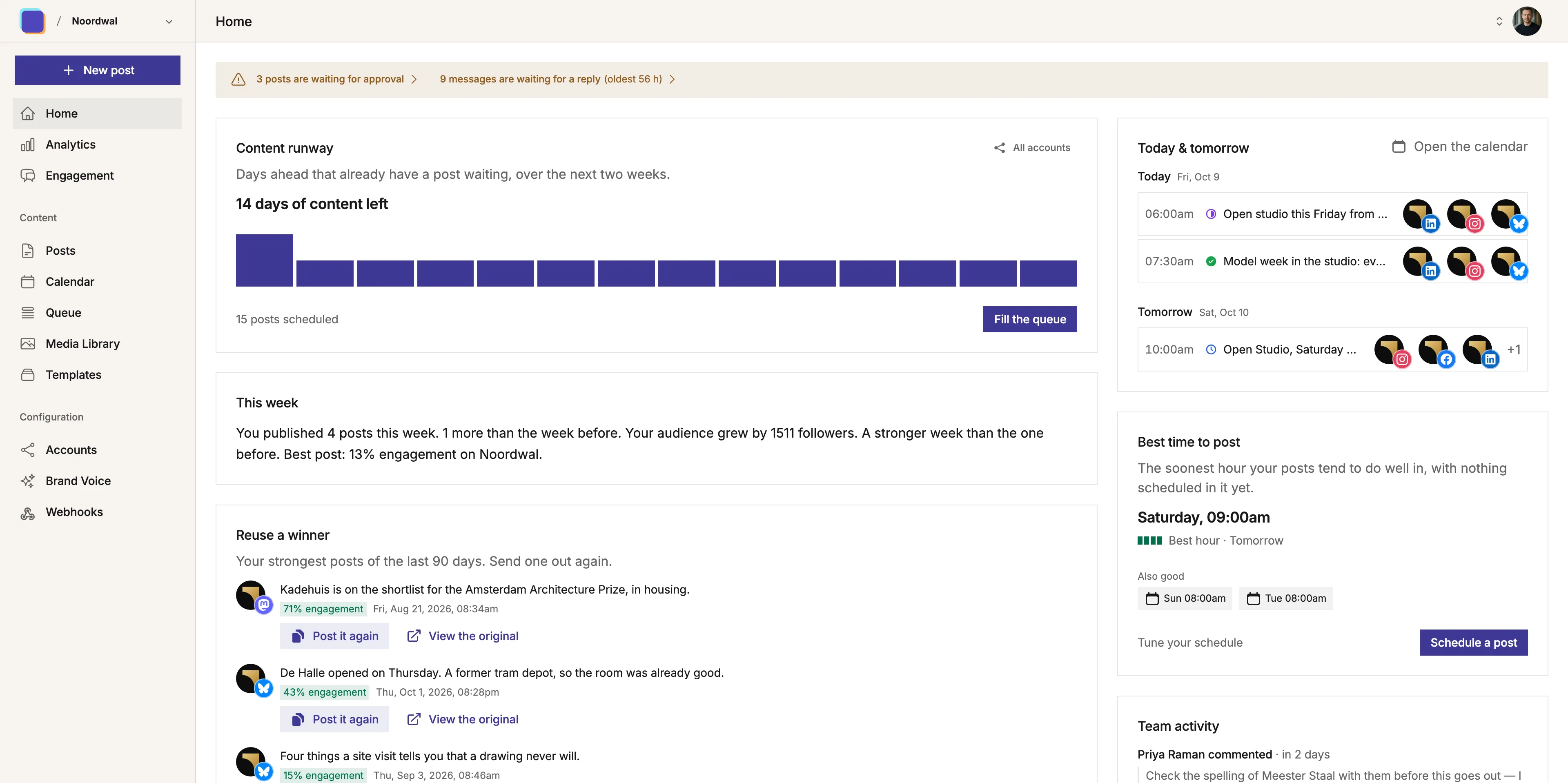The 'Home' dashboard in Mixpost, a self-hosted social media management tool, showing the content runway, today's scheduled posts, the best time to post and top-performing posts to reuse.