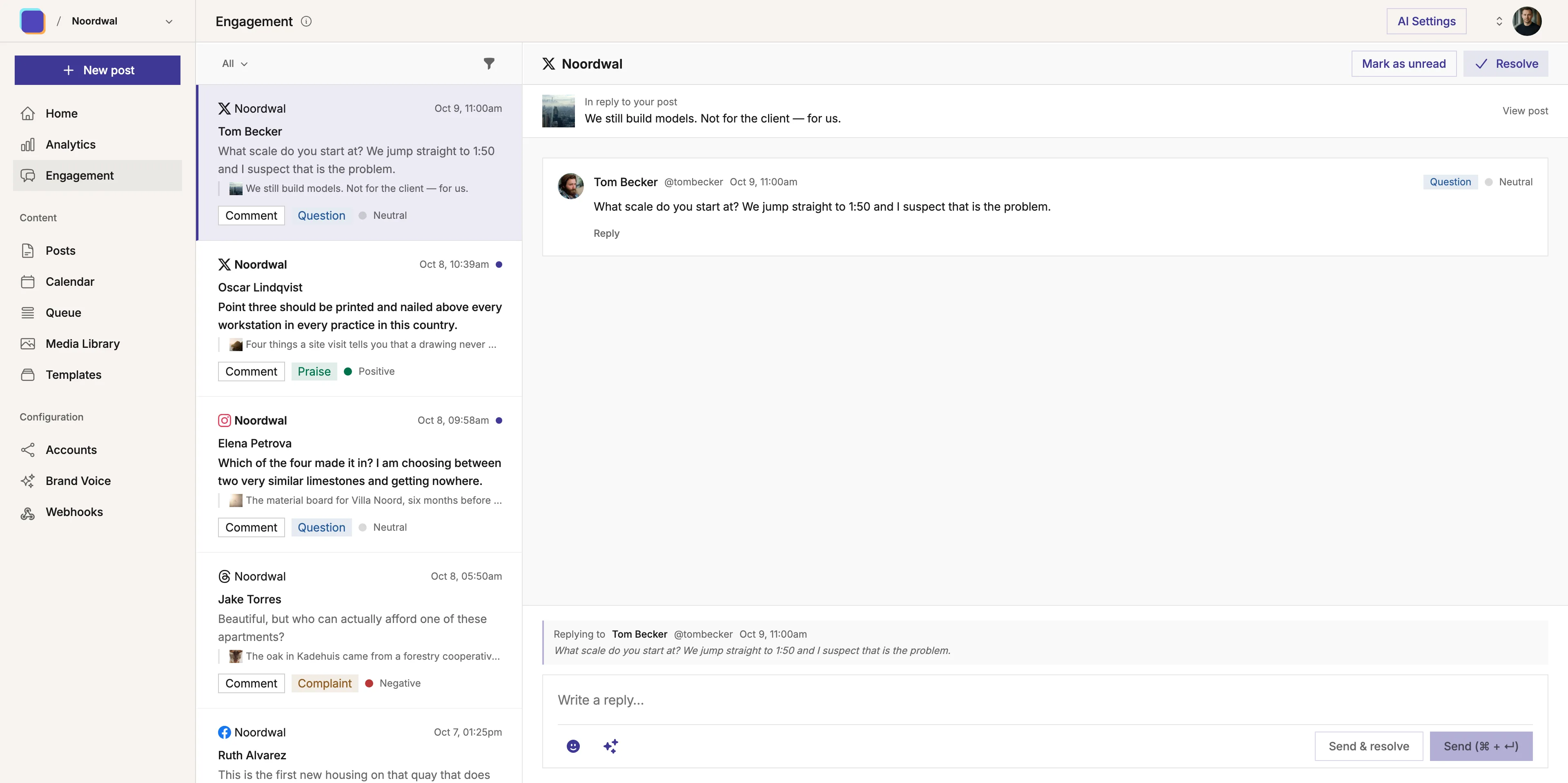The 'Engagement' inbox in Mixpost, a self-hosted social media tool, gathering comments from every connected network in one place, labelled by intent and sentiment, with a reply editor.