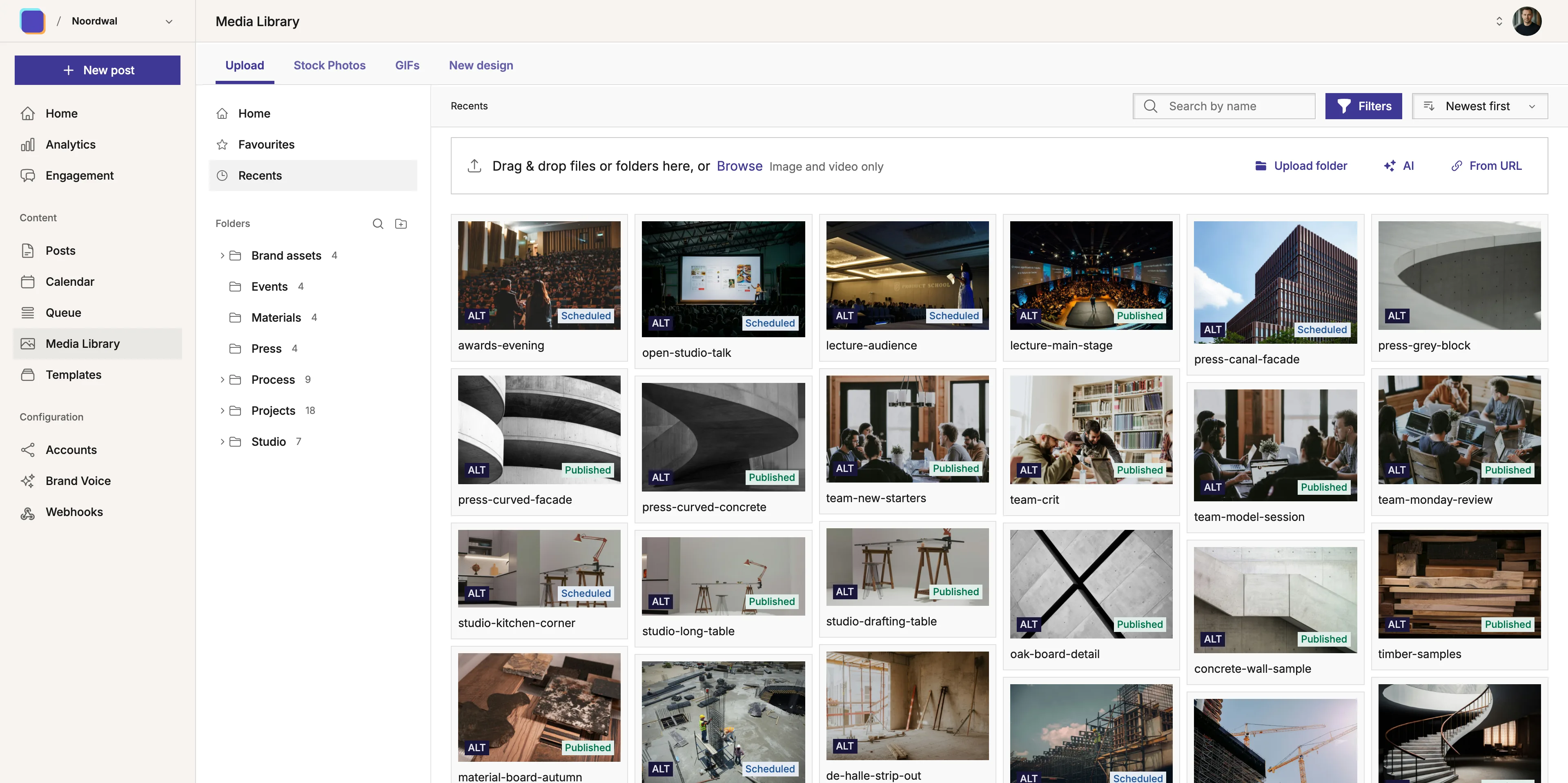 Capture of the 'Media Library' in Mixpost, showcasing the open-source platform's organization features for uploading and sorting multimedia content for social media posts.