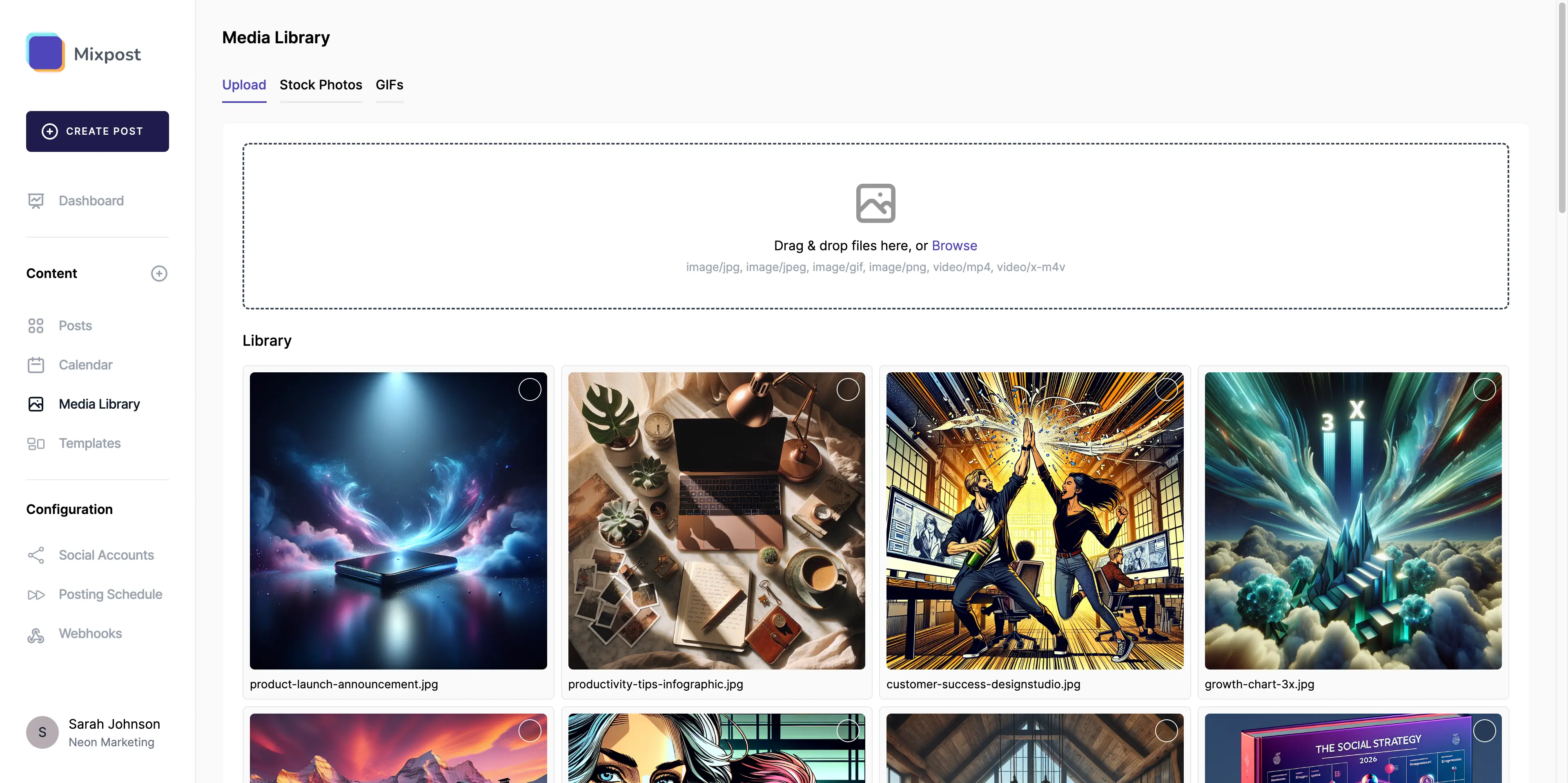 Capture of the 'Media Library' in Mixpost, showcasing the open-source platform's organization features for uploading and sorting multimedia content for social media posts.