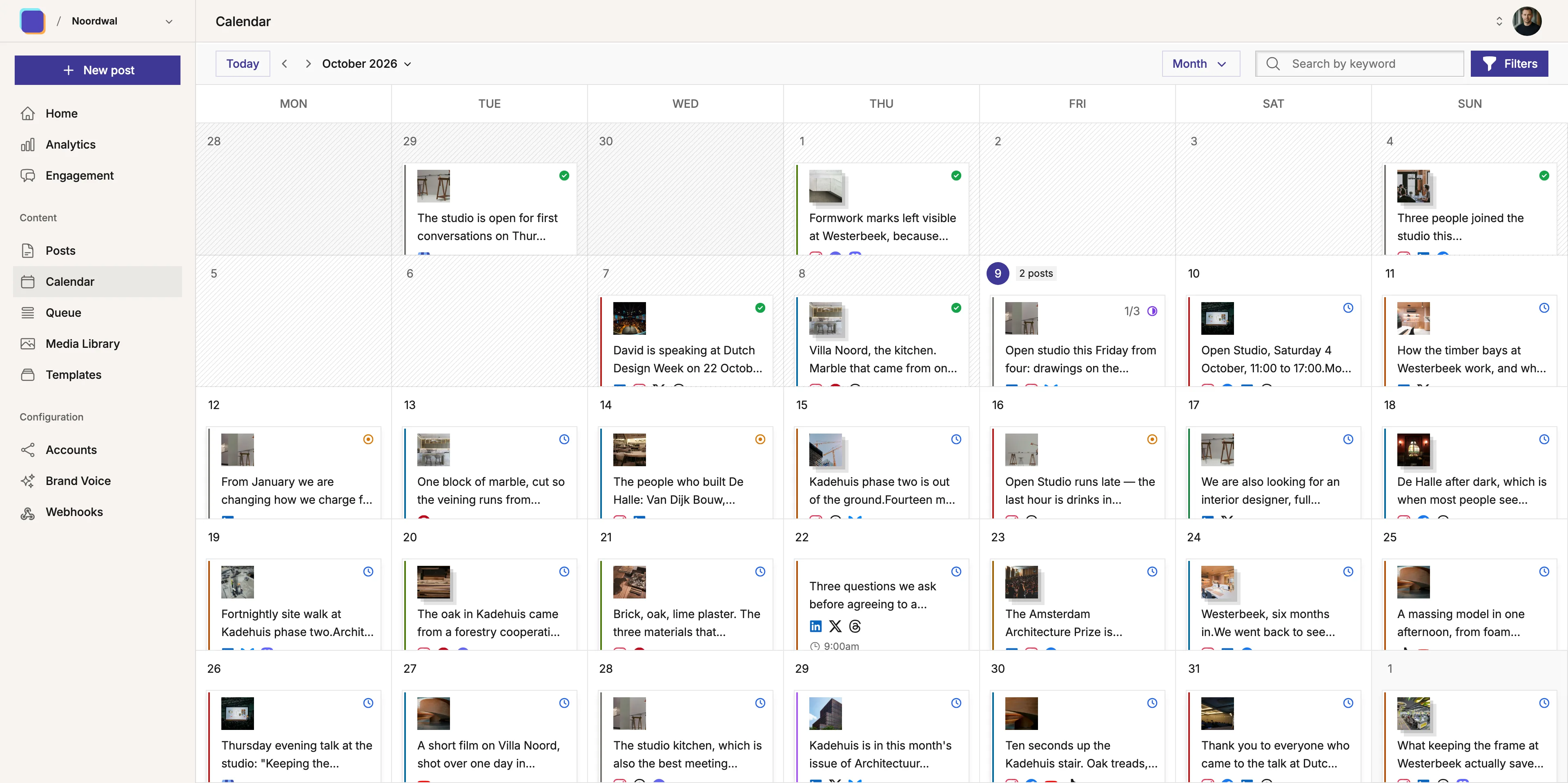 View of the 'Monthly Calendar' scheduling feature in Mixpost, the self-hosted content planner, illustrating a user-friendly interface for managing posts over the month.