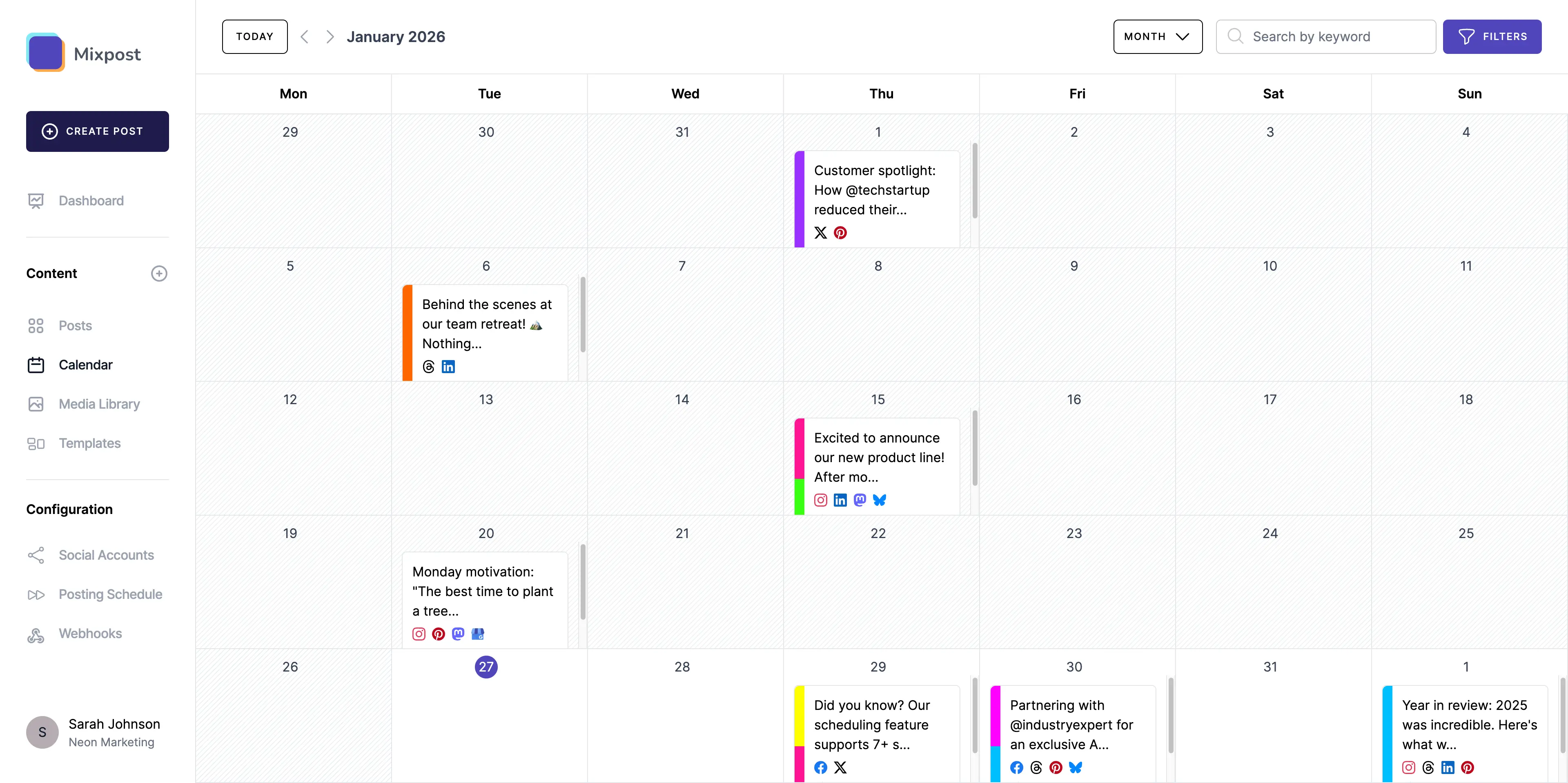 View of the 'Monthly Calendar' scheduling feature in Mixpost, the self-hosted content planner, illustrating a user-friendly interface for managing posts over the month.