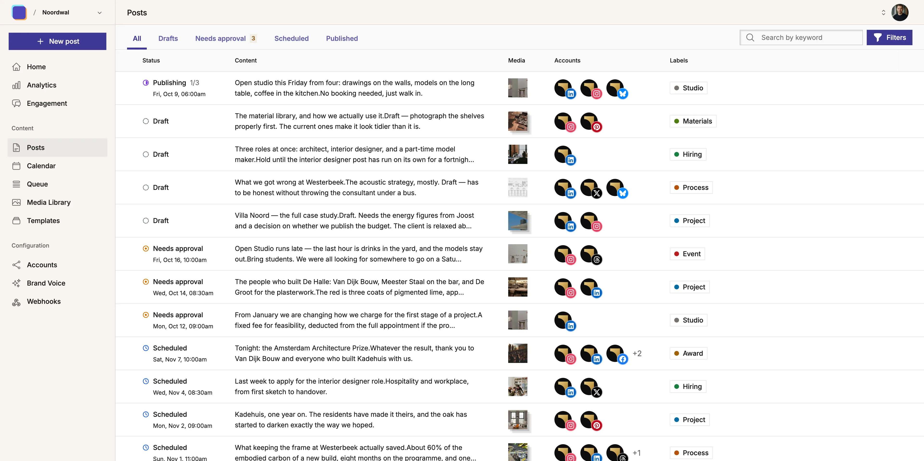 Image of the 'Posts' management screen in Mixpost, a self-hosted social media dashboard, where users can review and manage their published and scheduled content.