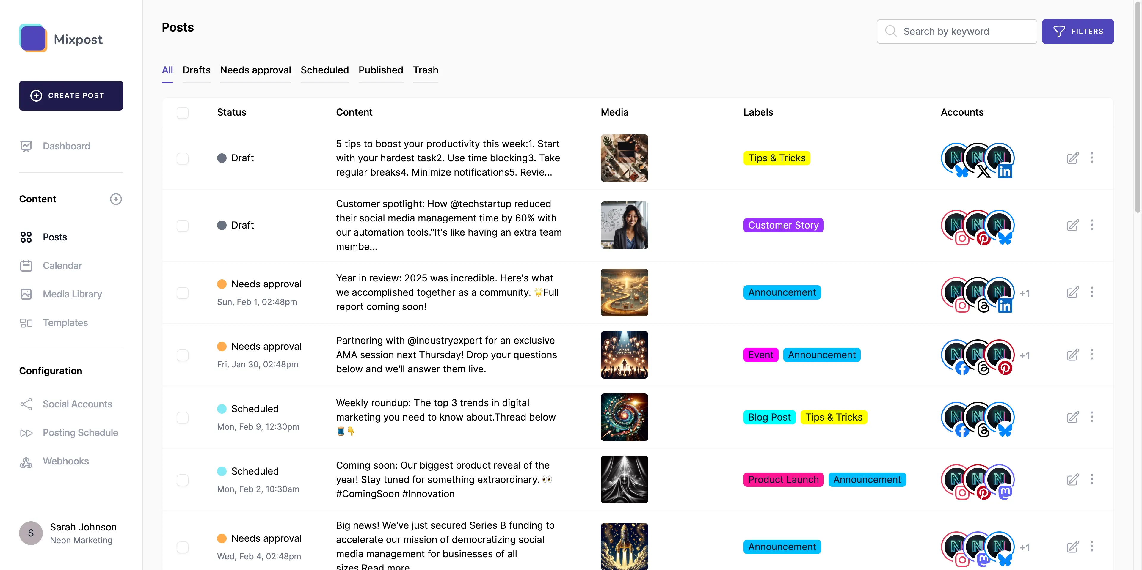 Image of the 'Posts' management screen in Mixpost, a self-hosted social media dashboard, where users can review and manage their published and scheduled content.