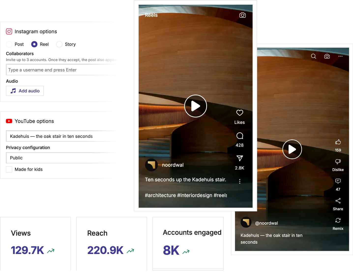 Mixpost post editor scheduling one vertical video as an Instagram Reel and a YouTube Short, with live Instagram Reels and TikTok previews and the video views from analytics