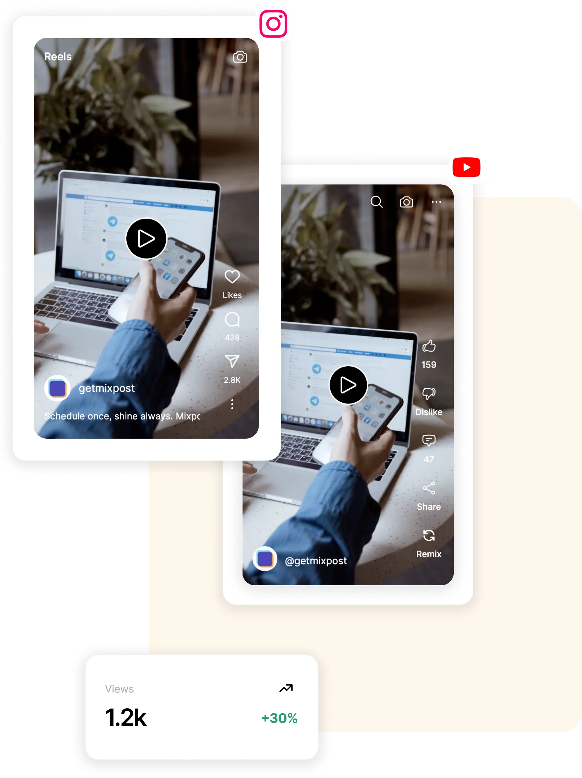 Phone and laptop in Reels and Shorts mockups with a views metric showing growth.