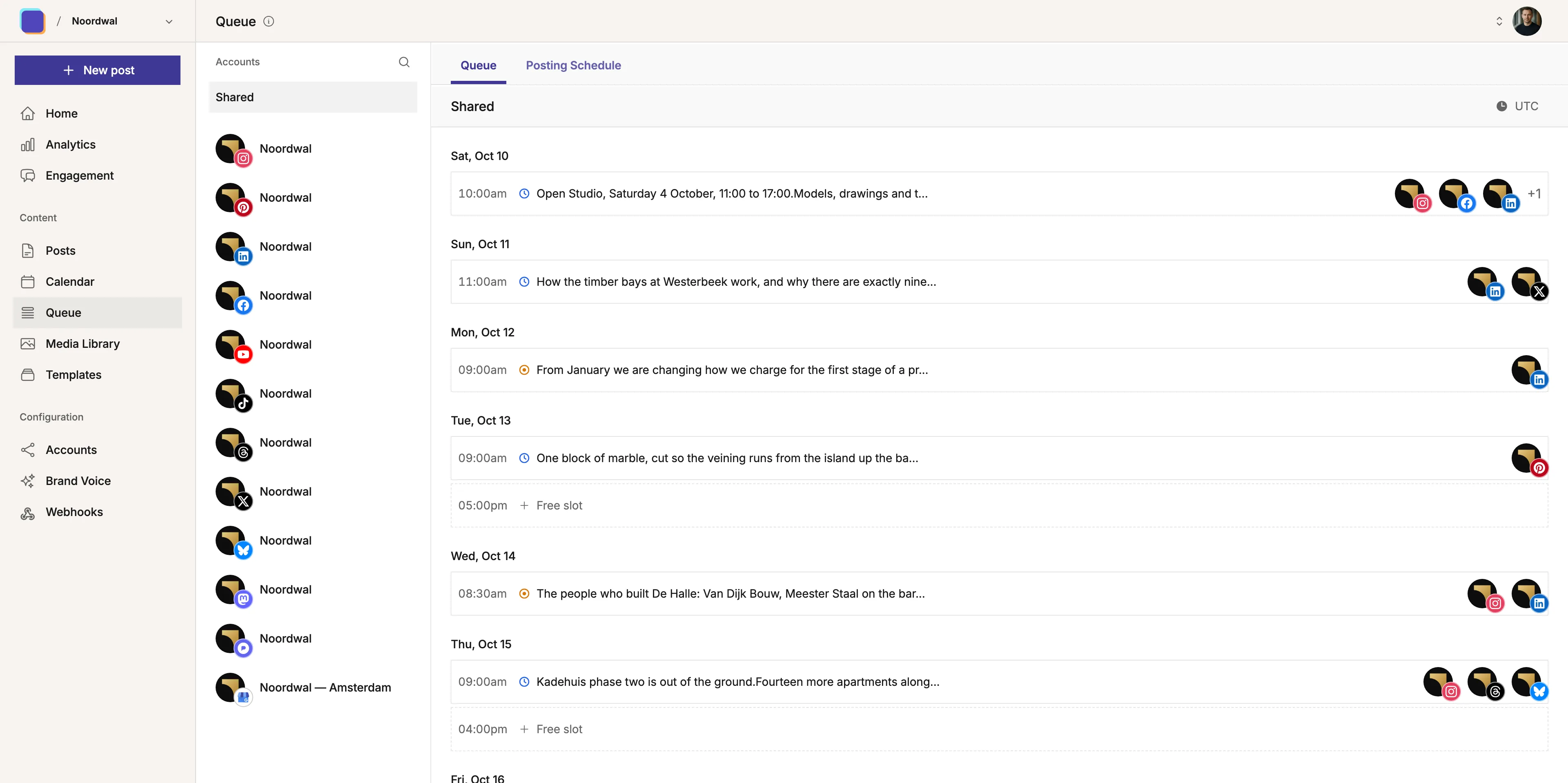 The 'Queue' in Mixpost, an open-source social media scheduler, listing upcoming posts day by day in their posting time slots, with free slots ready to fill.