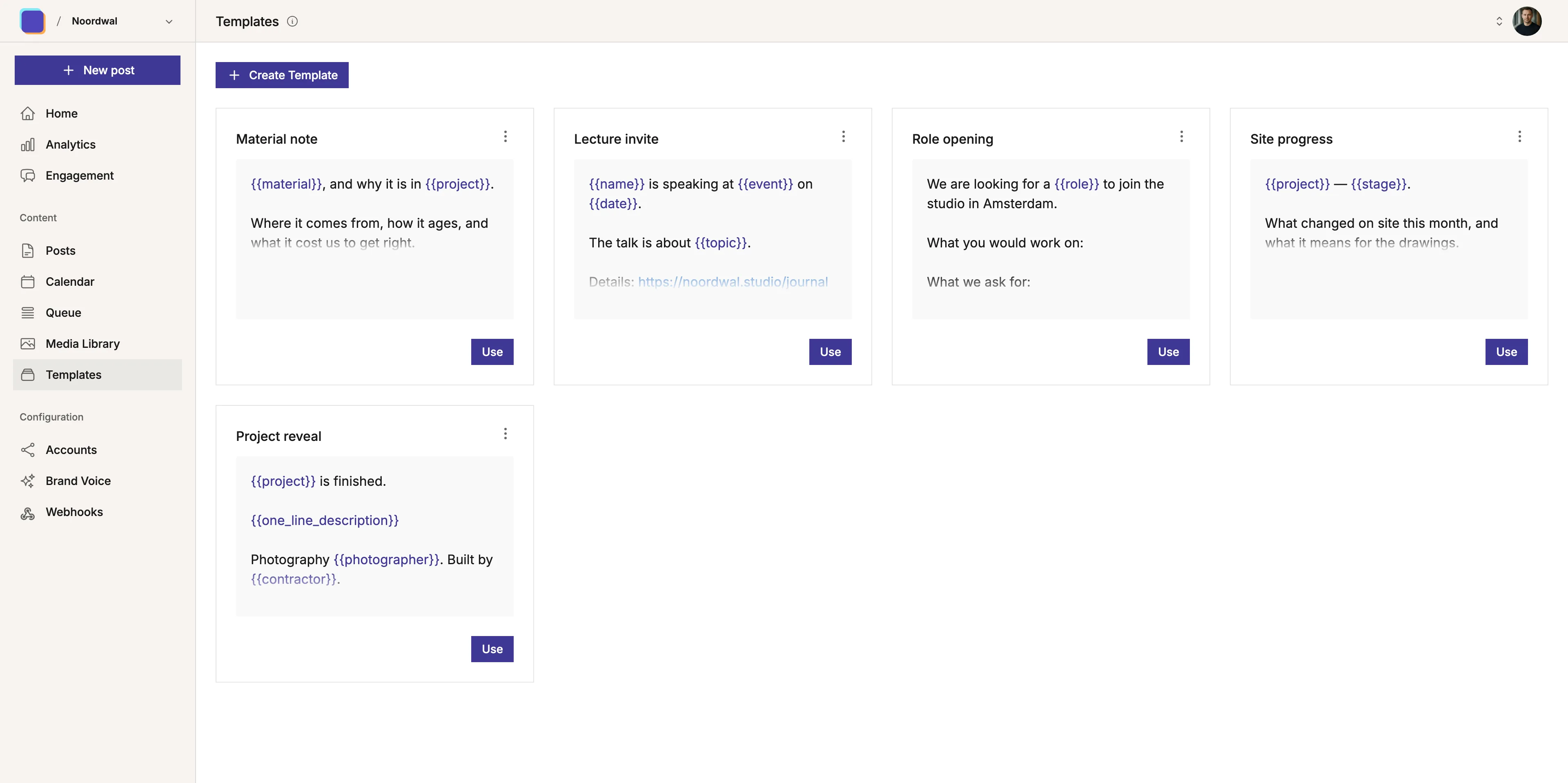 Screenshot of the 'Templates' section in Mixpost, demonstrating how users can utilize and customize pre-designed templates in this self-hosted social media tool.