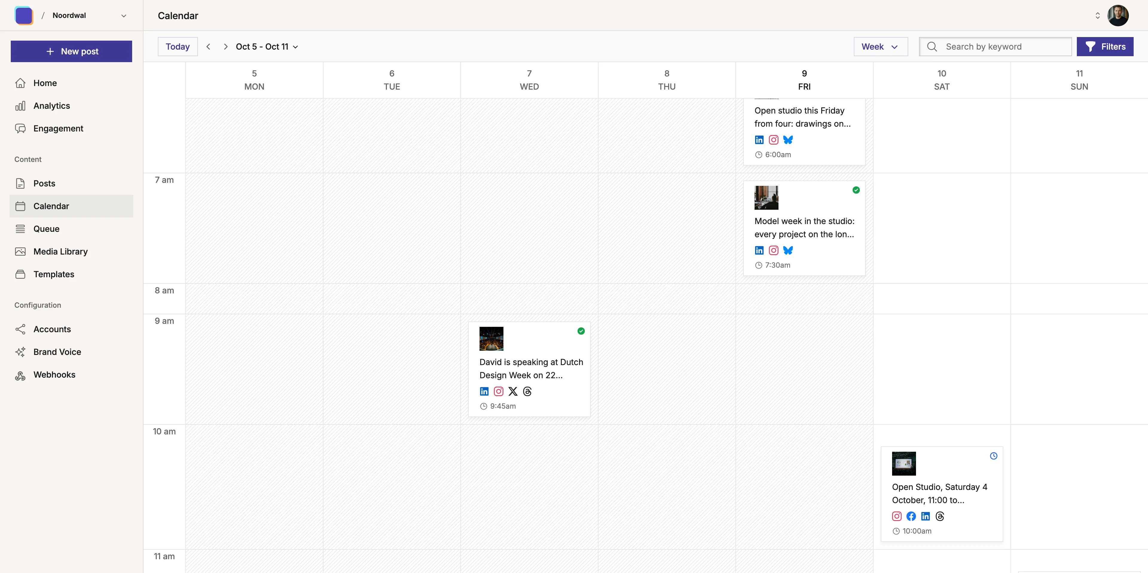 Snapshot of the 'Weekly Calendar' view in Mixpost, an open-source scheduling tool, showing a detailed weekly agenda for social media post timing.