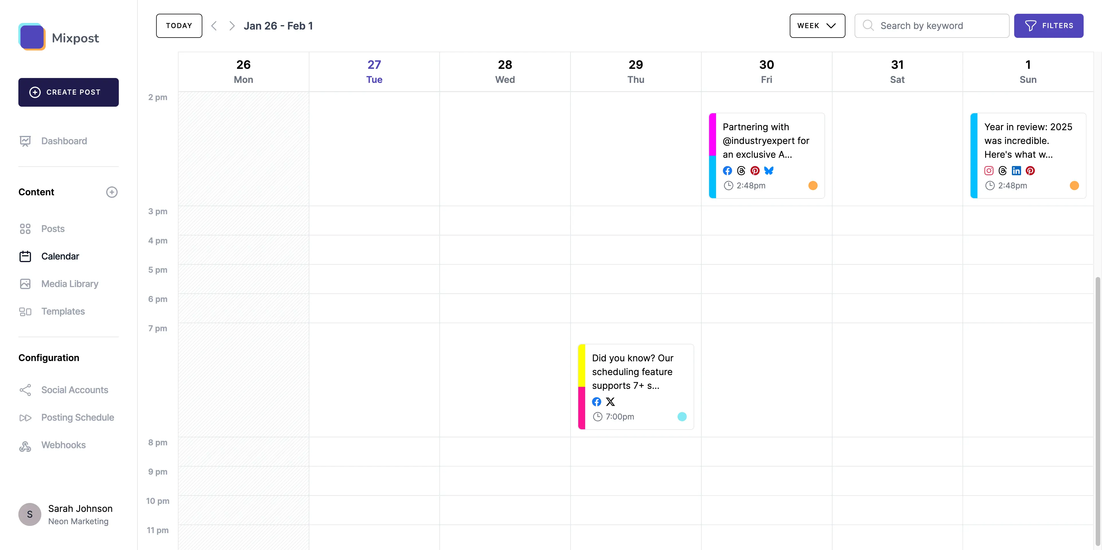 Snapshot of the 'Weekly Calendar' view in Mixpost, an open-source scheduling tool, showing a detailed weekly agenda for social media post timing.