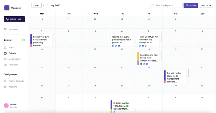 View of the 'Calendar Month' scheduling feature in Mixpost, the self-hosted content planner, illustrating a user-friendly interface for managing posts over the month.