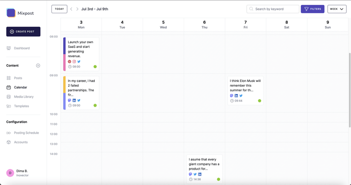 Snapshot of the 'Calendar Week' view in Mixpost, an open-source scheduling tool, showing a detailed weekly agenda for social media post timing.