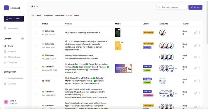 Image of the 'Posts' management screen in Mixpost, a self-hosted social media dashboard, where users can review and manage their published and scheduled content.