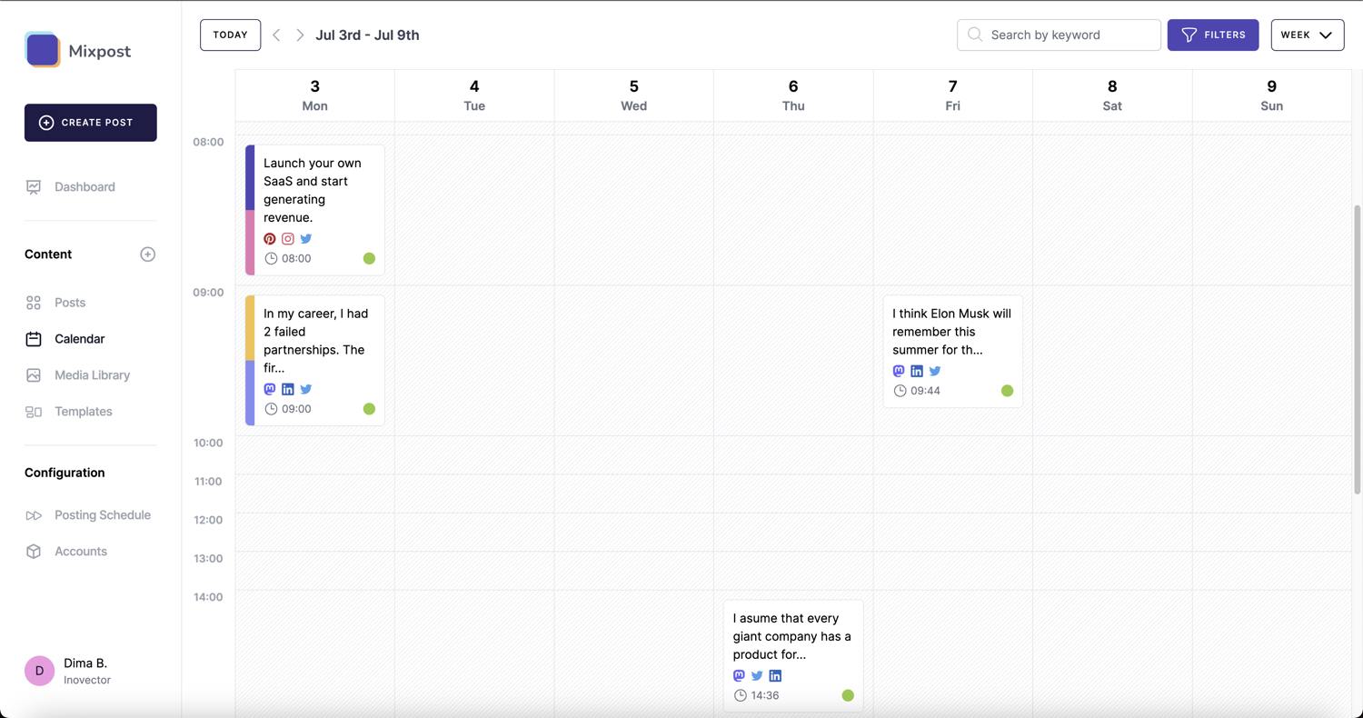 Snapshot of the 'Weekly Calendar' view in Mixpost, an open-source scheduling tool, showing a detailed weekly agenda for social media post timing.
